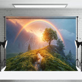 Aperturee - Aperturee Green Hillside Rainbow Sunset Natural Scene Backdrop